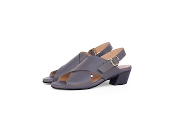 Gray Leather sandals women's crossover slingback sandals