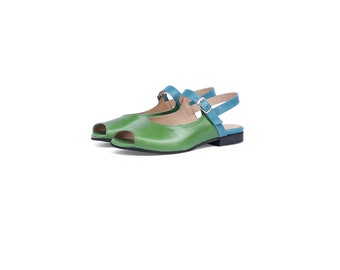 flat Peep Toe  Leather women's Sandal in  green  & blue Leather