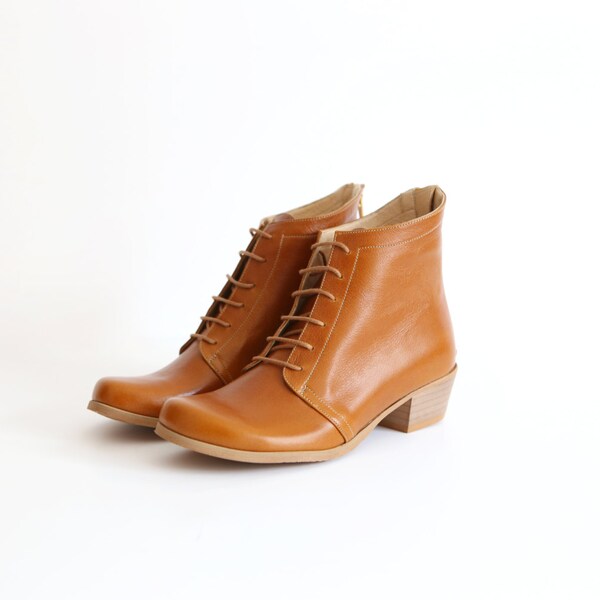 Brown Leather Combat boots, handmade wide lace up booties shoes woman , ADIKILAV