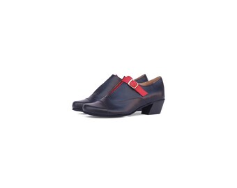 Handmade black Leather Shoes with red strip and  Buckle for Women