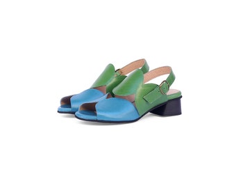 Two-Tone Blue and Green Leather Women's Low Heel Sandals