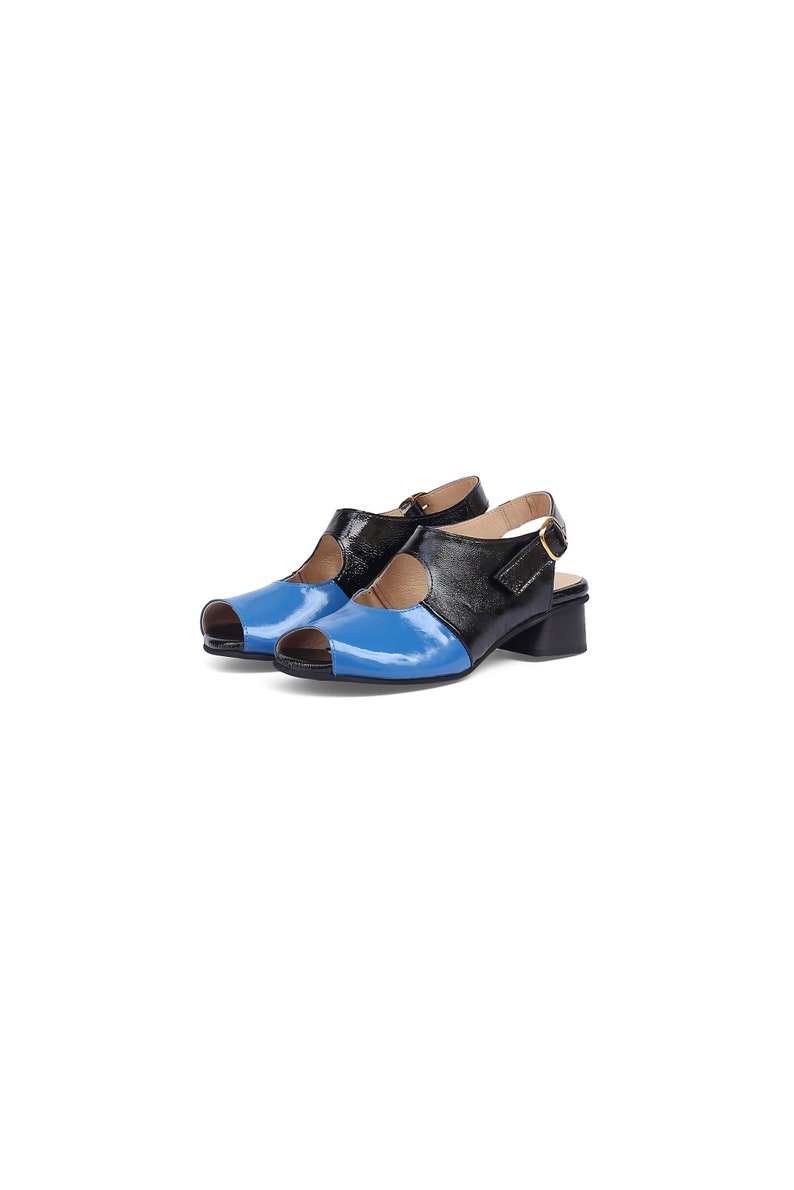 Handmade Women's Low Heel Black & Blue Patent Leather Slingback Sandals Black & Blue