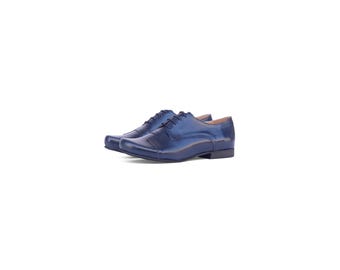 Patchwork Women's Tie Shoes - Handmade Navy Blue Leather