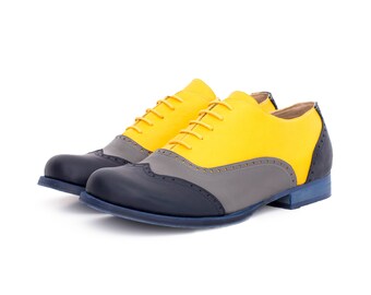 Women's oxford shoes flat yellow and gray handmade womens brogues shoes , ADIKILAV