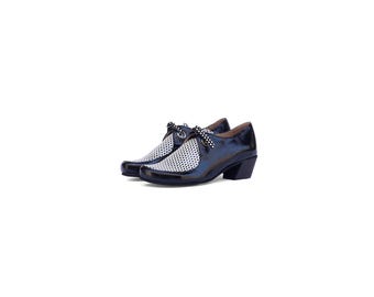 patent Black leather and White Polka Dot Heeled Oxfords - Elegant Handmade Leather Shoes