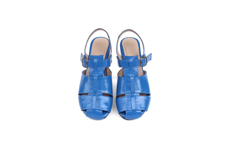 Handmade Women's Blue Patent Leather Summer Shoes: Cutout Close Toe image 2