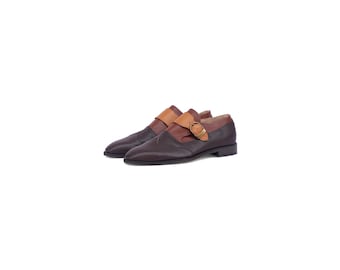 Chaussures marron faites main à brides pour homme - Chaussures habillées en cuir bicolore