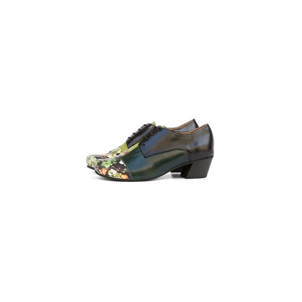 Patchwork Women's Shoes - Floral, Green , and Black Leather Low Heel Oxfords & Tie - Handmade