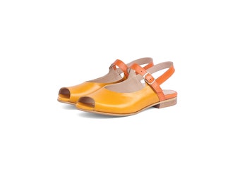 flat Peep Toe  Leather women's Sandal in  Yellow Mustard & Orange Leather