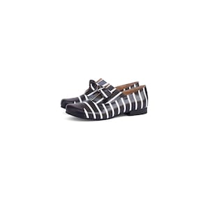 Women's Black and White Striped Leather Flats Slip-Ons with Bow Tie Black