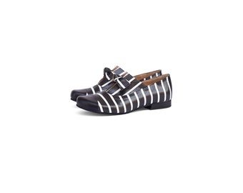 Women's Black and White Striped Leather Flats Slip-Ons with Bow Tie