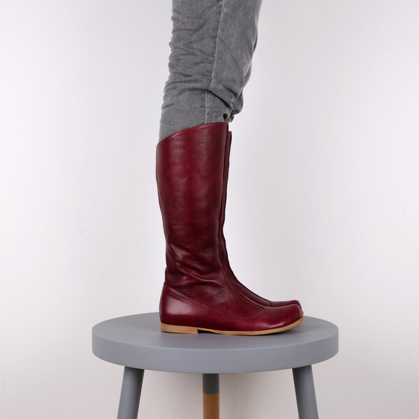 NEW Marsala Bordeaux leather knee high womens casual boots , flat  womens shoes, free shipping