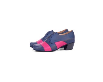 Low Heel Leather Women's Shoes - Blue and Pink Stripes, Wide Fit - Handmade and Limited Edition