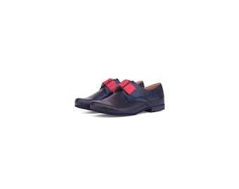 Black Leather Shoes with Red strip Buckle for Women