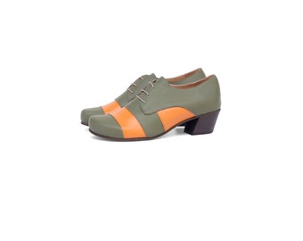 Low Heel Leather Women's Shoes - Green and Orange Stripes, Wide Fit - Handmade and Limited Edition