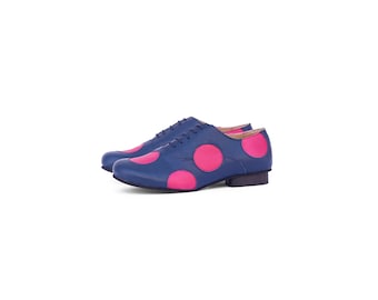 Women's Blue Leather Oxford Shoes with Pink Polka Dots , ADI KILAV - Free Shipping