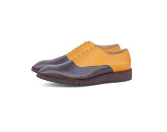 Men's Gray and Yellow Leather Shoes - smart casual and business