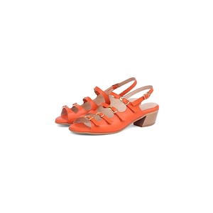 Handmade Orange Leather Sandals – Buckled Open-Toe Heels for Women