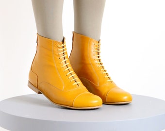 Yellow Leather Booties shoes, flat Boots, mid calf,  Handmade - Free Shipping - Adikilav