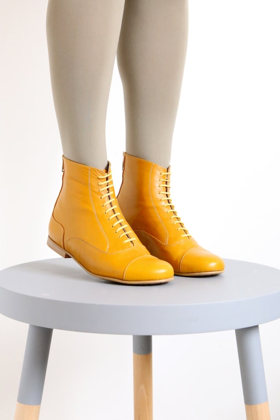 Yellow Leather Booties shoes flat Boots 