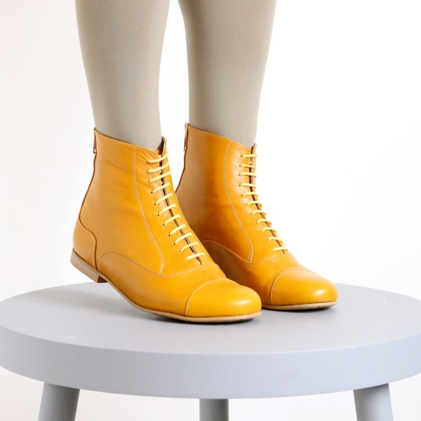 Handmade Yellow Leather Booties: Mid-Calf Flat Boots
