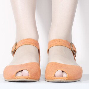 Peep toe leather sandals , handmade womens sandals orange leather flats On Sale image 3