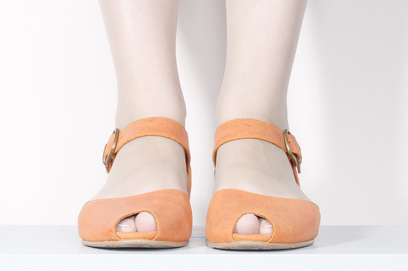 Peep toe leather sandals , handmade womens sandals orange leather flats On Sale image 3