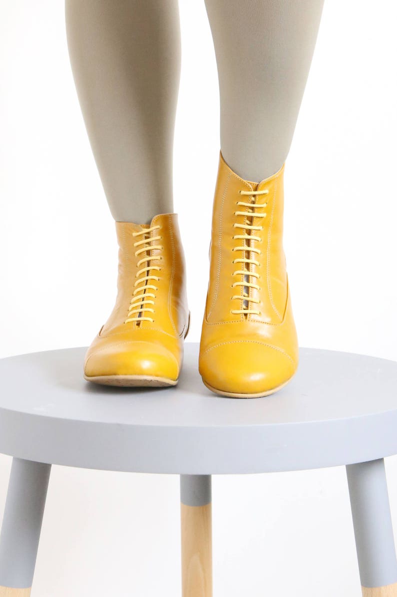 Yellow Leather Booties shoes, flat Boots, mid calf, Handmade Free Shipping Adikilav image 4