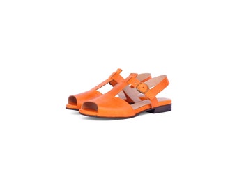 Handmade Orange Leather T-Strap Women's Summer Flats Sandals