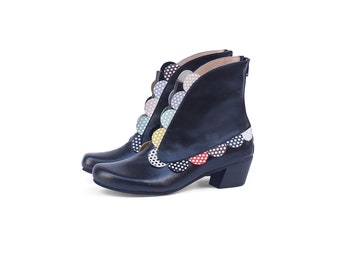 Women's leather boots black and colorful poke dots leather funky dress boots low heel ankle boots , ADIKILAV