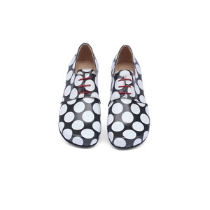 Women's Black and White Polka Dot Leather Flat Shoes image 5