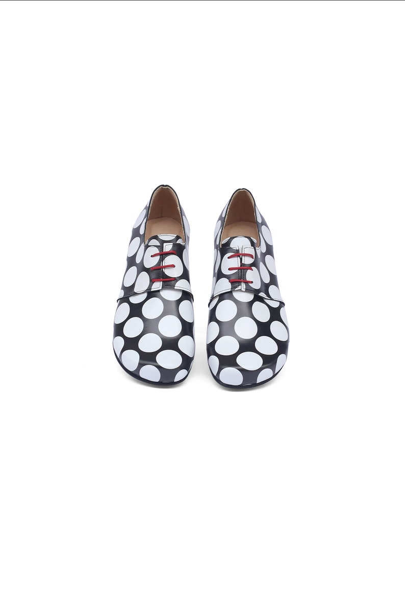 Women's Black and White Polka Dot Leather Flat Shoes image 5