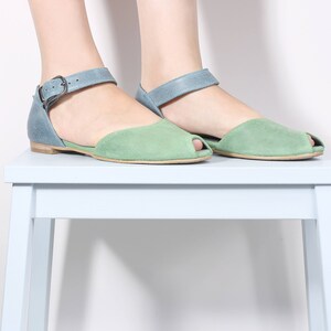 Peep toe leather sandals, handmade blue and green sandals ADIKILAV image 5