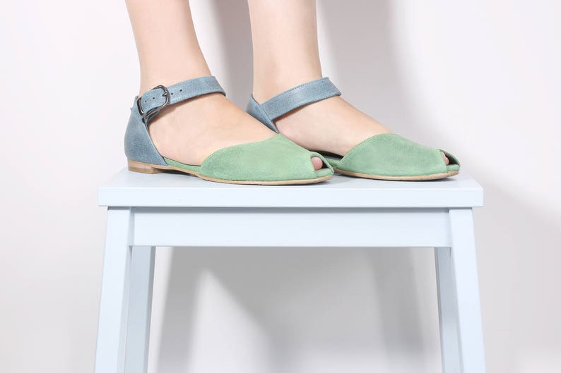 Peep toe leather sandals, handmade blue and green sandals ADIKILAV image 5