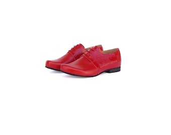 Handmade Two-Tone Red Leather Shoes with Wide Bow
