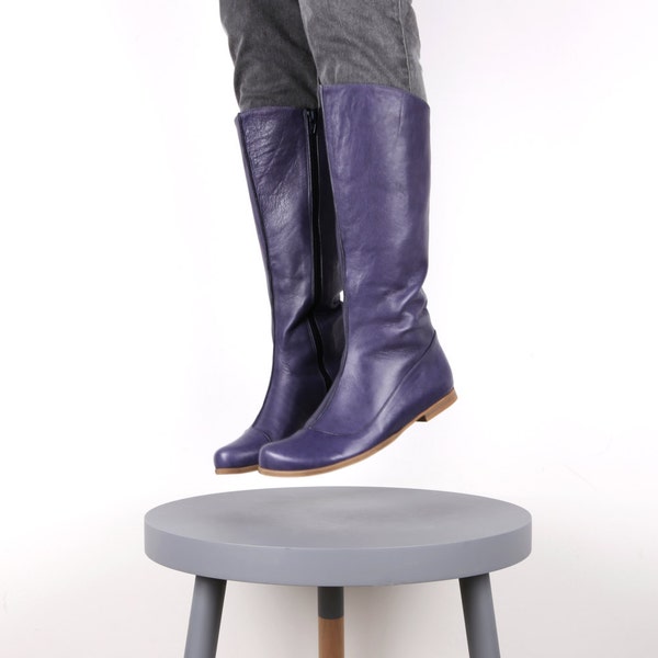 Purple leather boots knee high casual flat  ADIKILAV