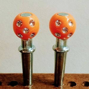 2 Unique cribbage board pegs Orange "Disco Balls"  on silver metal pegs 1 1/8" tall free velvet pouch