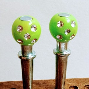 2 Unique cribbage board pegs Green "Disco Balls" on silver metal pegs 1 1/8" tall free velvet pouch