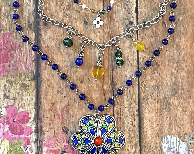 Colorful Flower 3 Layer Necklace> Multi Layered Cascading Necklace. Flower Necklace. Flower Pendant. Layering Necklace. Sundance