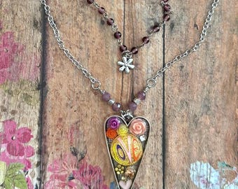 Boho Love Colorful Heart Necklace/ Purple Bead Necklace/ Resin Jewelry/