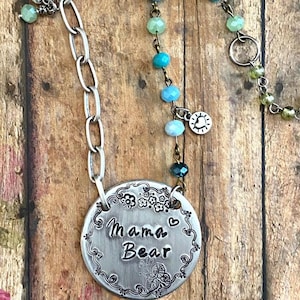 Mama Bear Hand Stamped 18&quot; Necklace&gt; Charm Necklace. Multi Metal Necklace. Female Gift. Sundance.