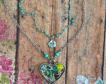 Ocean Heart Necklace/ Boho Resin Pendant with Fish/ Tropical Gift for Her/ Resin Jewelry/