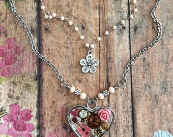 Boho Pink Guitar Heart Necklace/ Music Lover Pendant/ Resin Jewelry/