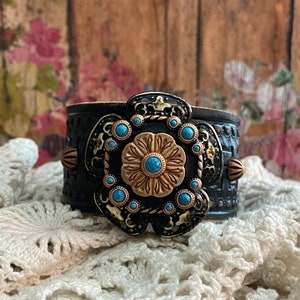 Western Leather Cuff Bracelet, Cowgirl Leather Cuff Bracelet, Turquoise Copper & Black Concho Leather Cuff Bracelet, Southwestern Jewelry