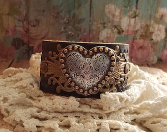 Silver & Bronze Heart Concho Black Leather Cuff Bracelet> Leather Wristband. Heart Bracelet. Heart Jewelry. Romantic Jewelry. Love Heart