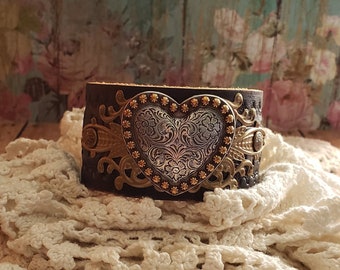 Silver & Bronze Heart Concho Black Leather Cuff Bracelet> Leather Wristband. Heart Bracelet. Heart Jewelry. Romantic Jewelry. Love Heart