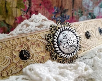 Silver Flower Concho Tan Leather Cuff Bracelet/  Southwestern Jewelry/ Boho Country Style/