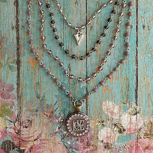 Lavender Beaded Layered Necklace: Rhinestone LOVE Medallion, Boho Hippie Style
