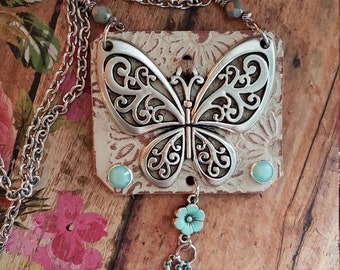 Silver Butterfly Cream Leather Pendant Necklace/ Fringe & Aqua Rivets/