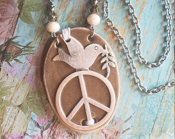 DoVe PeAcE Sign Bronze Leather Necklace> Boho Necklace/ Hippie Jewelry/ Sign of Peace/ Inspirational/ Statement Necklace/ Boho Gypsy Style